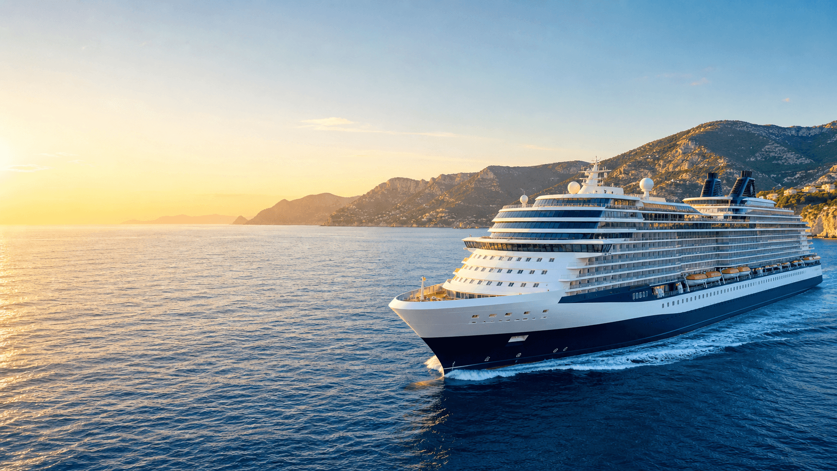 Celebrity Cruises style ship sailing along a sunny Mediterranean coastline