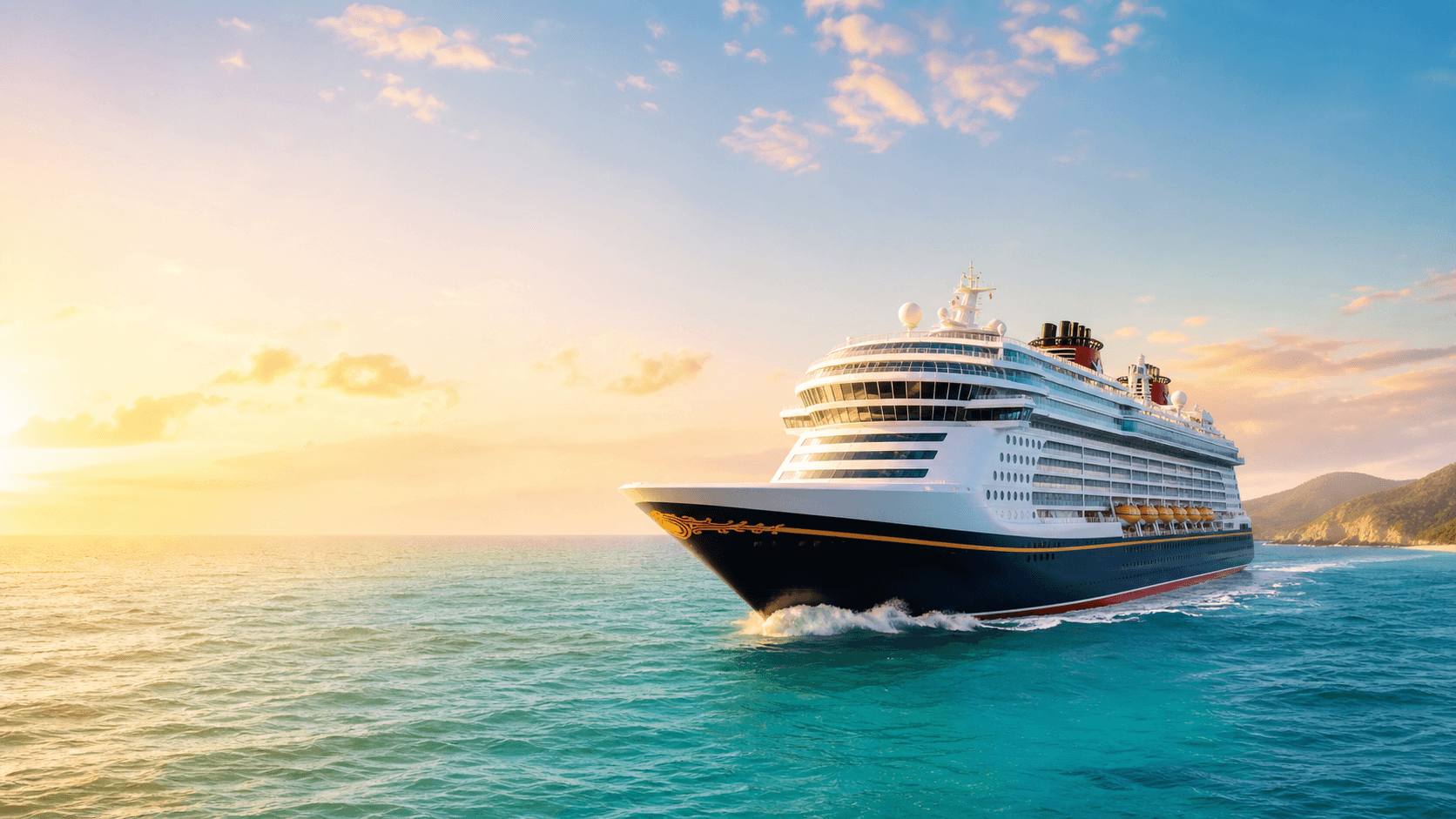 Disney Cruise Line style ship sailing through a sunny tropical ocean