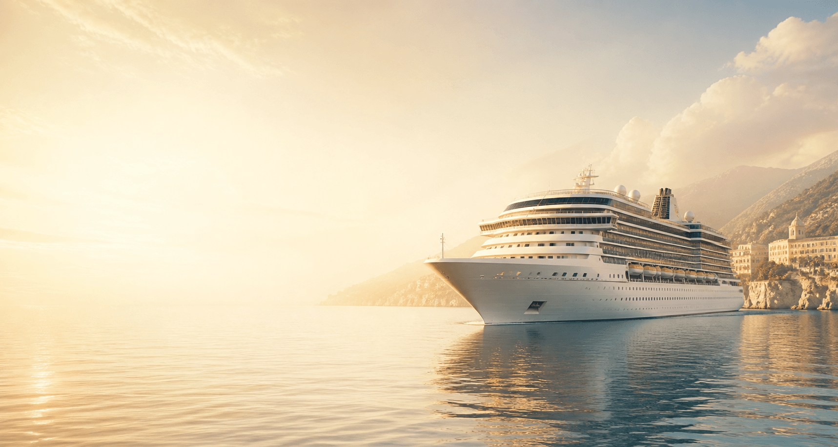 Luxury cruise ship sailing near a warm coastline at sunrise