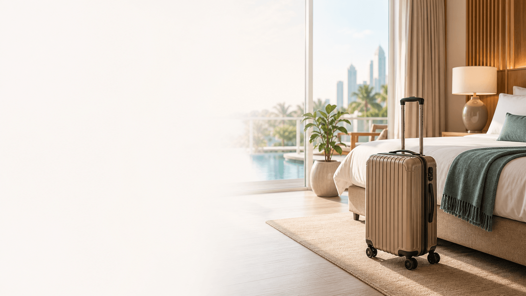 Bright upscale hotel room with a suitcase and soft daylight