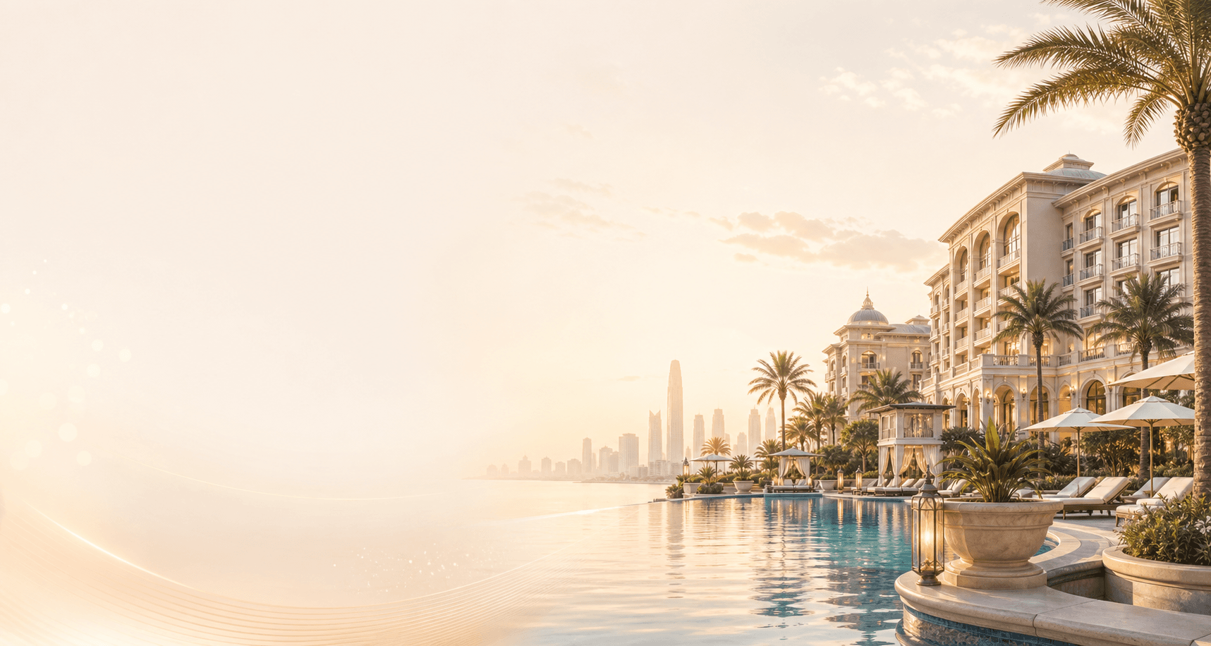 Luxury hotel resort with pool, palm trees, and warm morning light