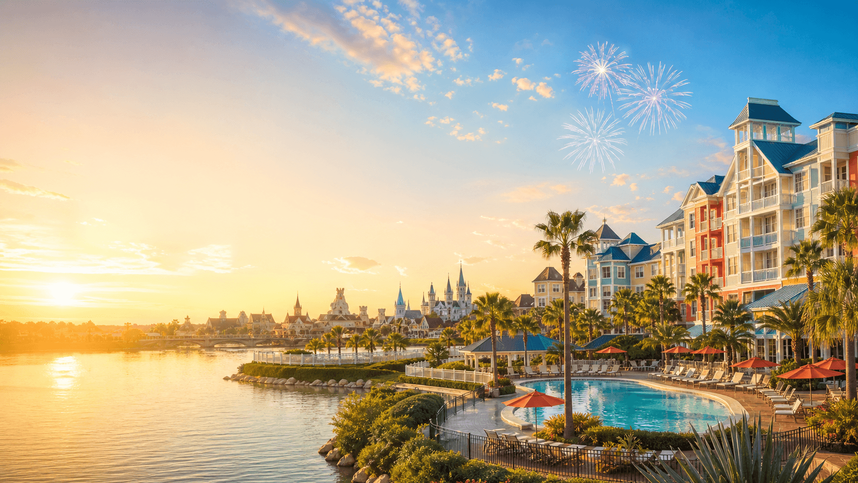 Walt Disney World style resort hotel with a sunny pool and distant fireworks