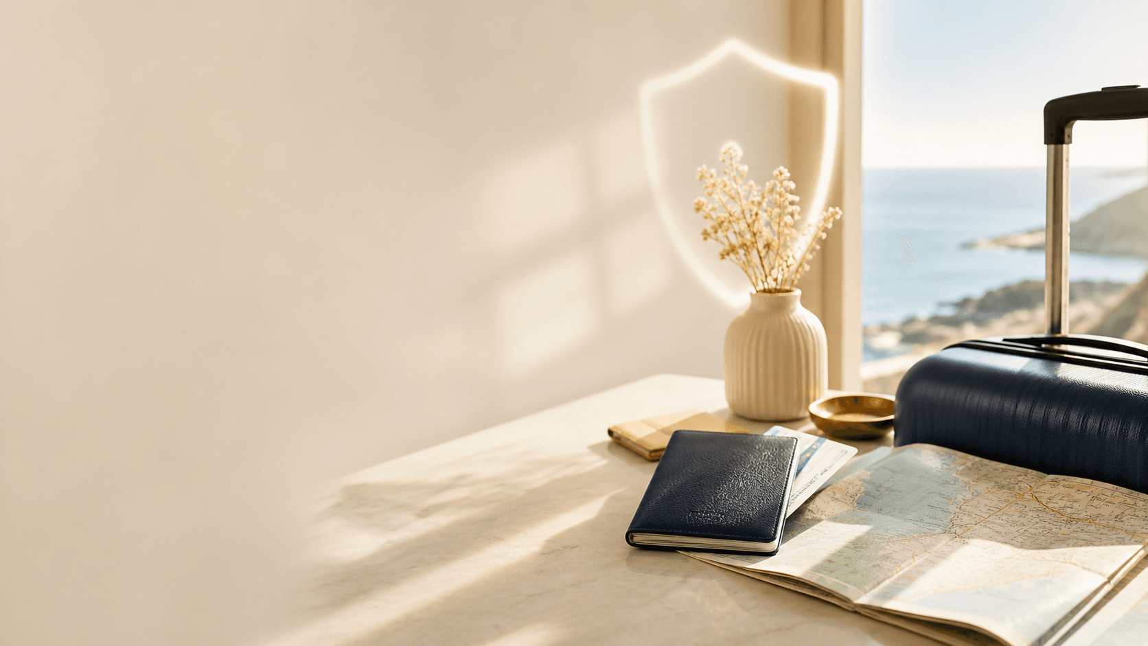 Travel insurance planning desk with passport, map, suitcase, and soft protective shield light